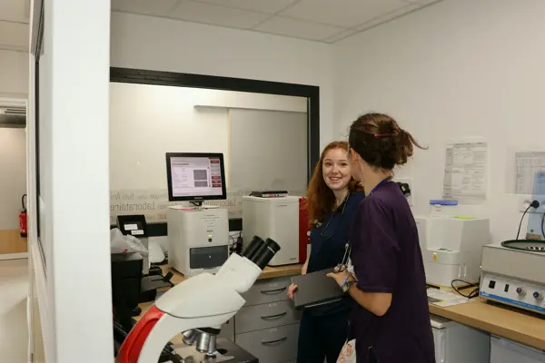 Deux membres de l’équipe au laboratoire, devant les analyseurs et le microscope.
